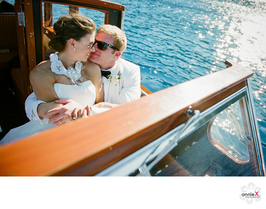 Bride and Groom on vintage boat