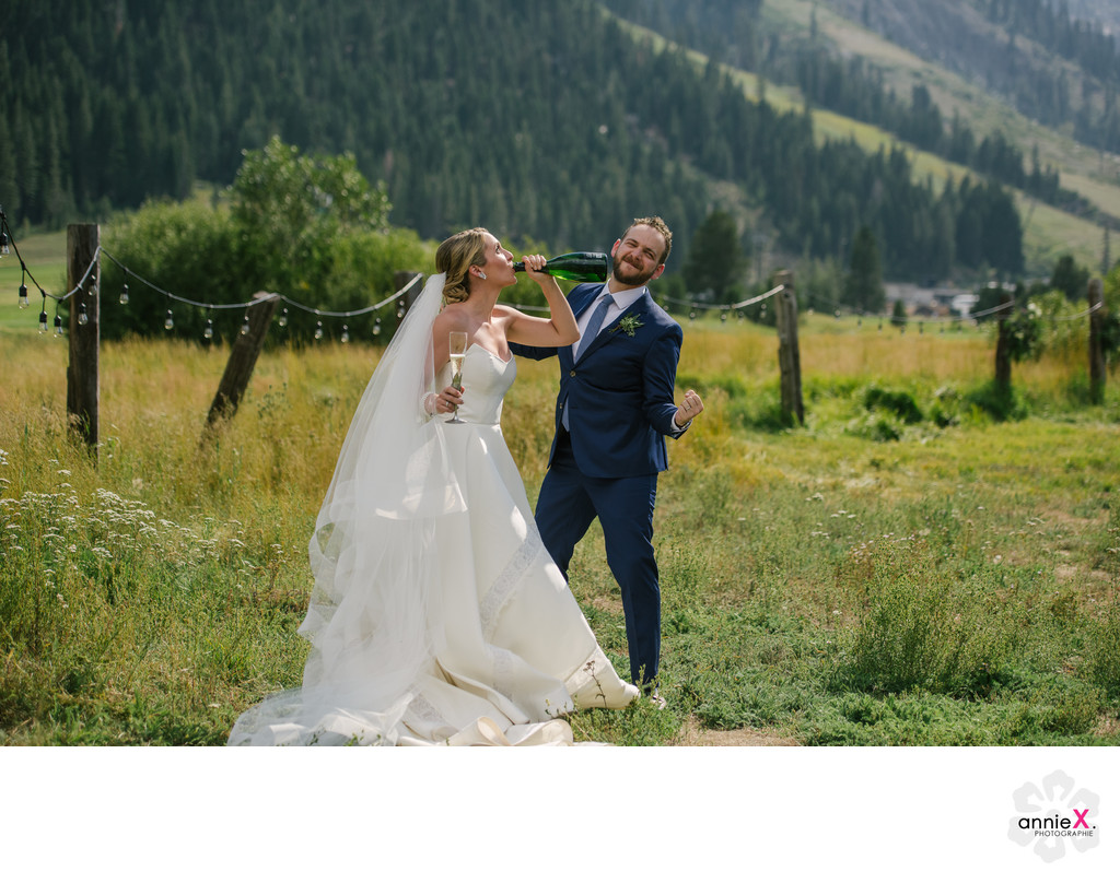 couple just married with champagne in Squaw Valley