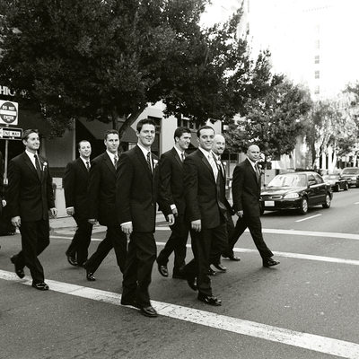 Groomsmen walking downtown Sacramento wedding