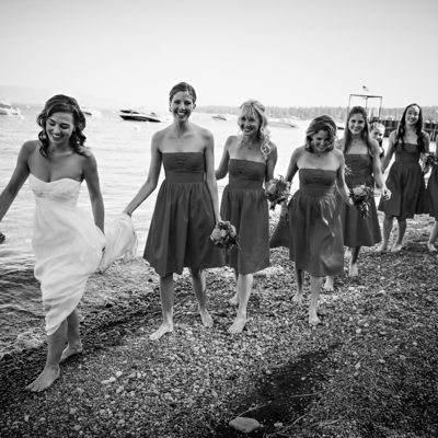 bride and her bridesmaids in black and white