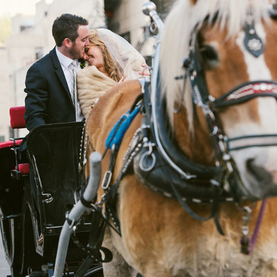 PlumpJack wedding couple in horse carriage