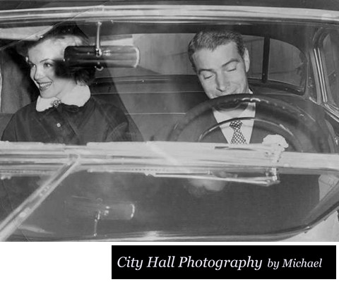 Marilyn Monroe and  Joe DiMaggio leaving SF City Hall  in car