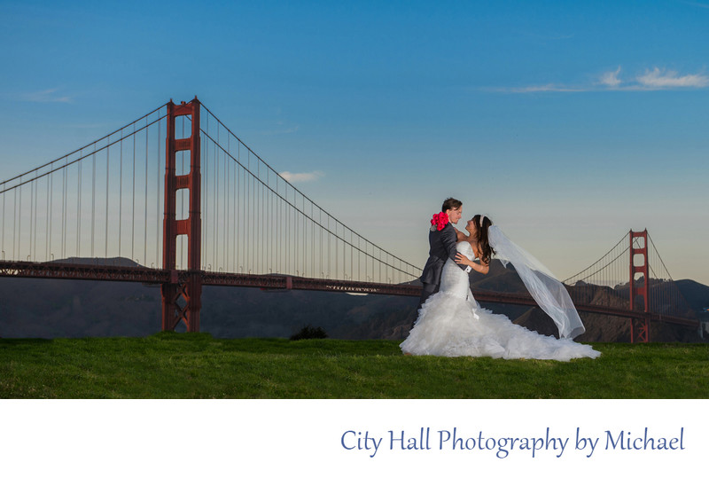 Romantic wedding photography with Crissy Field and Golden Gate Bridge