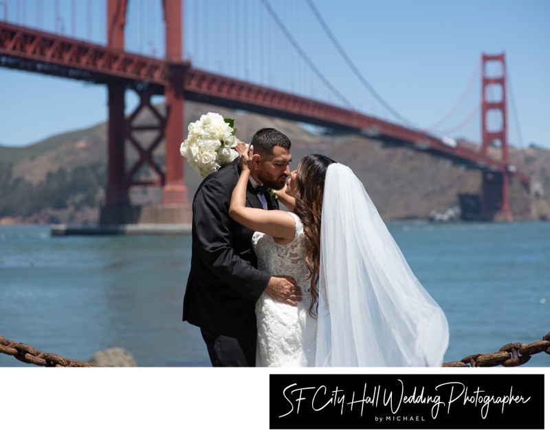 Golden Gate Bridge wedding kiss in San Francisco