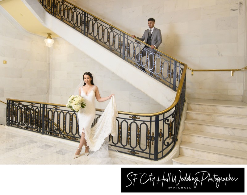 A different Staircase at San Francisco City Hall - Groom looking at Bride
