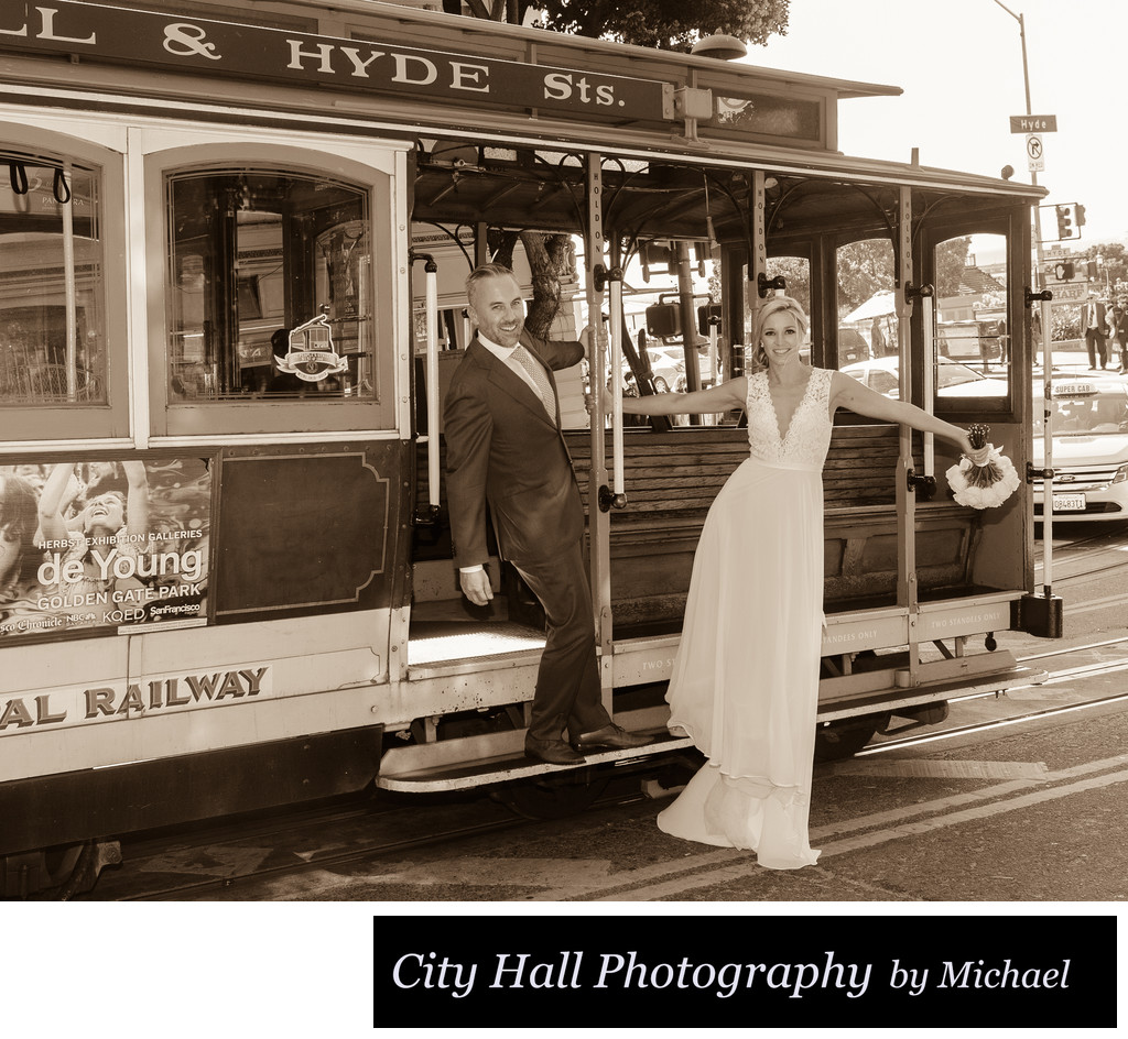 San Francisco Cable car bride and groom in Sepia Tone