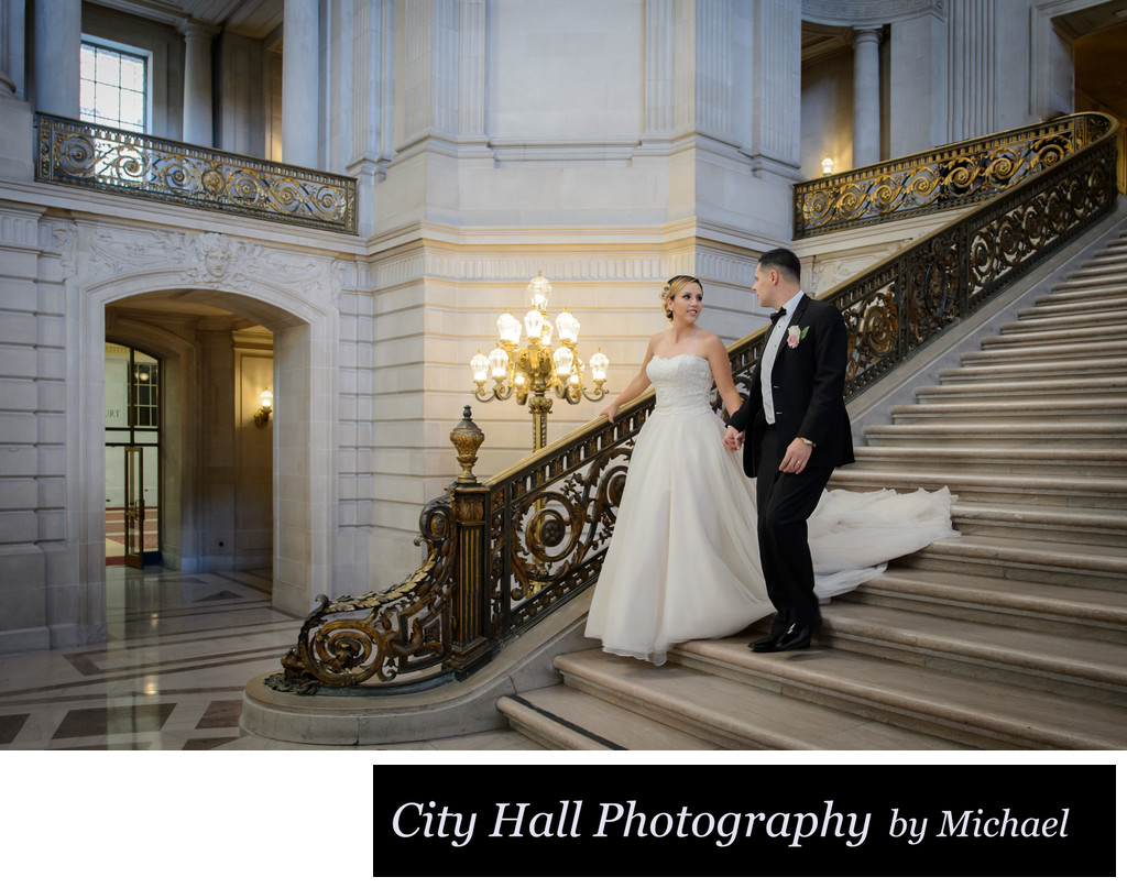 Wedding Photographer City Hall - Walk Down Grand Staircase