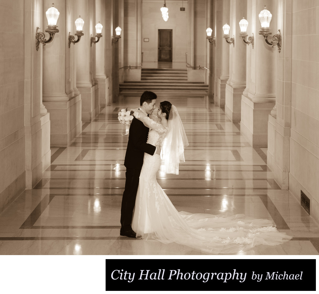 Sepia tone marriage photography with glowing veil