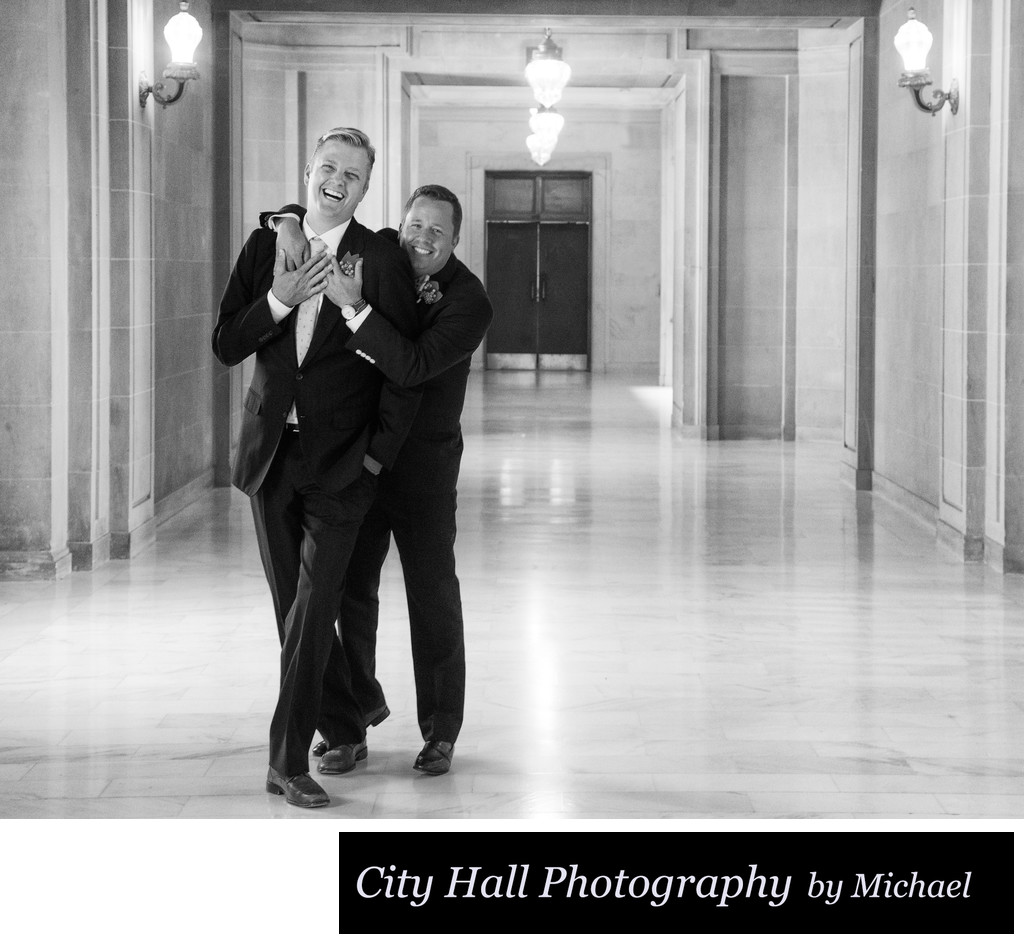 Same sex fun wedding photography in black and white
