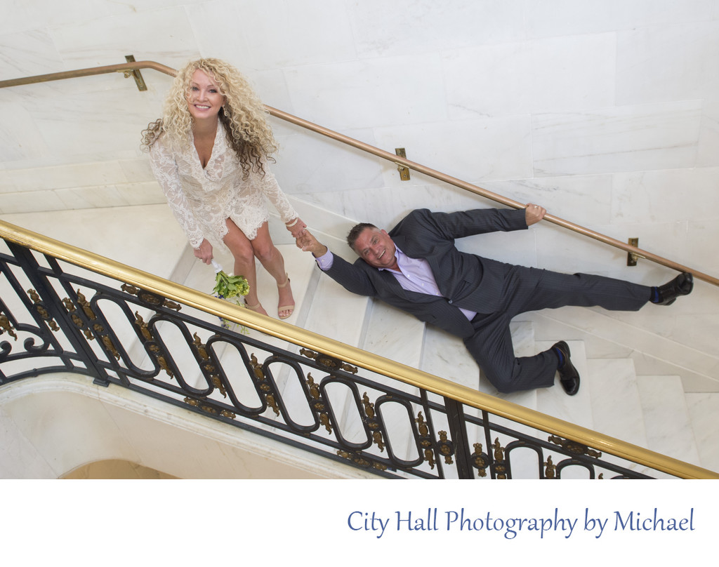 Fun San Francisco City Hall wedding images on the stairs