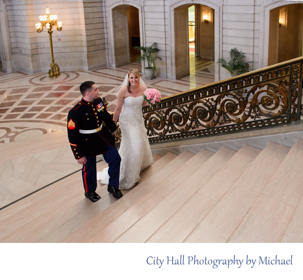 Bride and Groom Making the Long Walk up The Grand Staircase