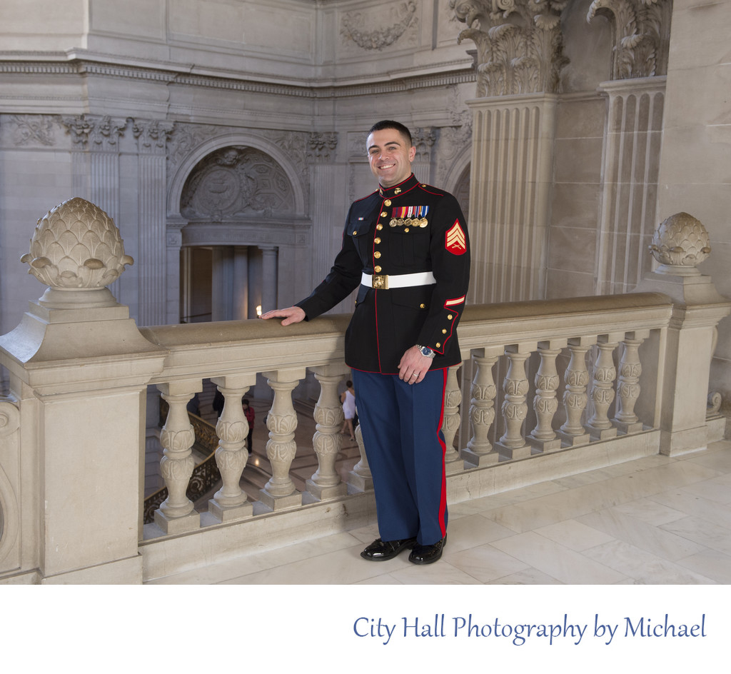 Marine Sergeant Posing for Wedding Pictures in San Francisco