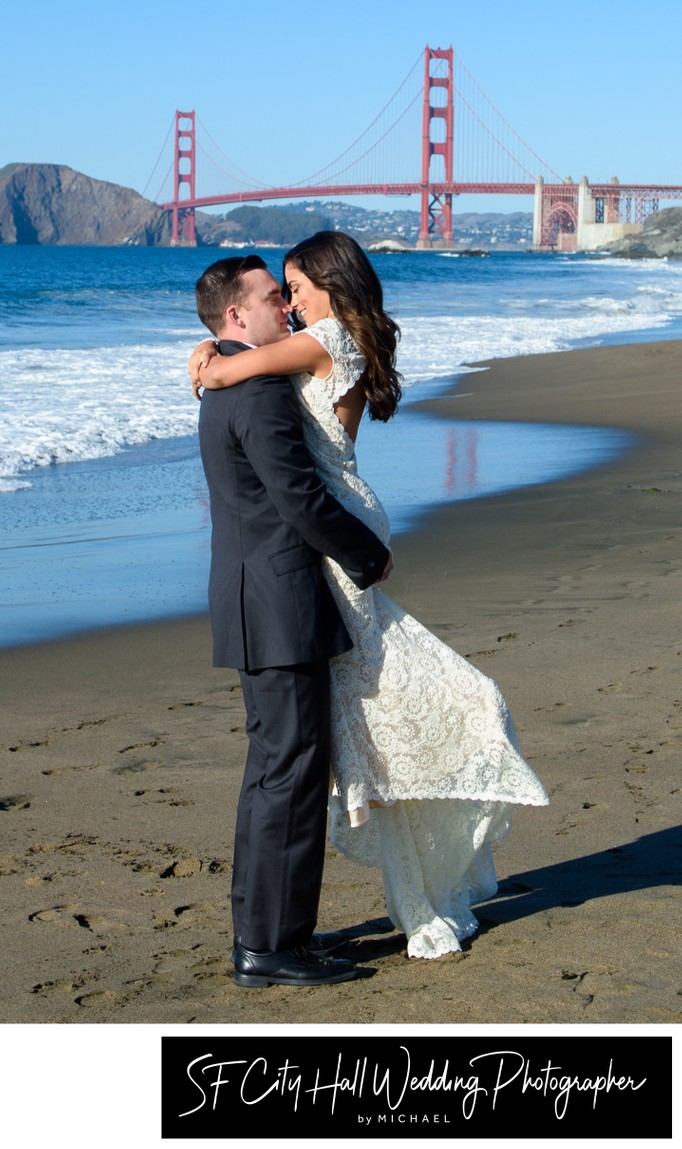 Wedding lift shot at Baker Beach in San Francisco