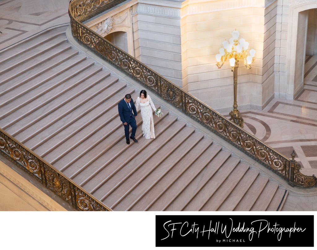 SF City Hall Newlyweds Walking down the Grand Staircase