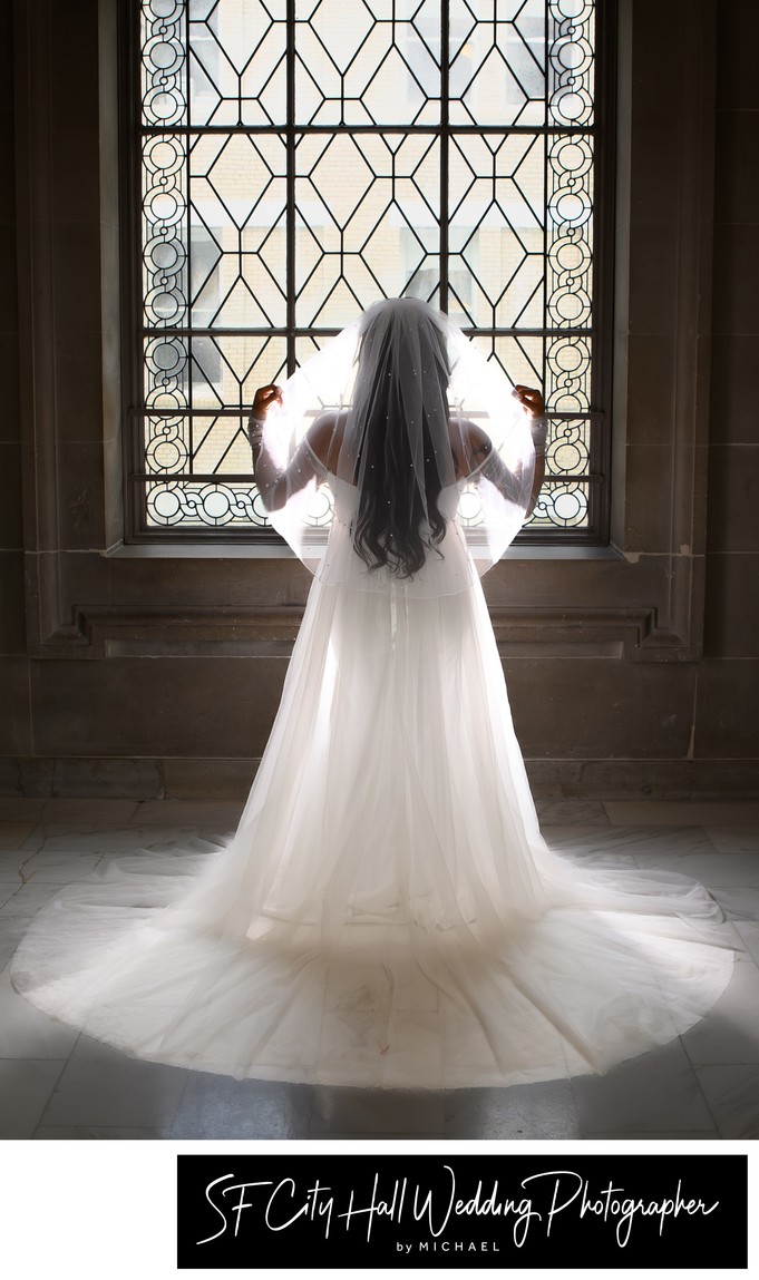 The back of a San Francisco city hall wedding dress The back of a San Francisco city hall wedding dress