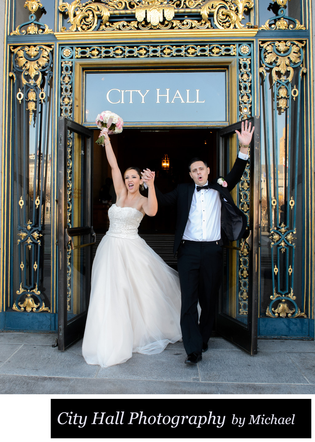 Happy couple celebrate at San Francisco City Hall