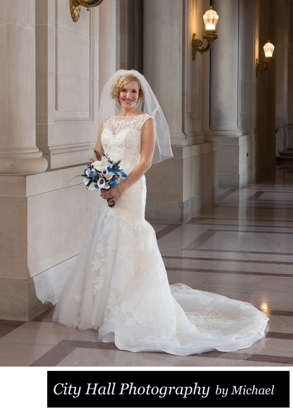 Pretty bride with veil and flowers on the second floor Rotunda