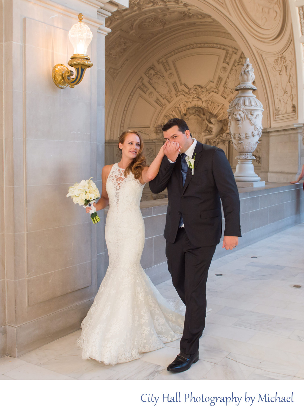 Candid photo of Newlyweds after wedding ceremony at San Francisco city hall