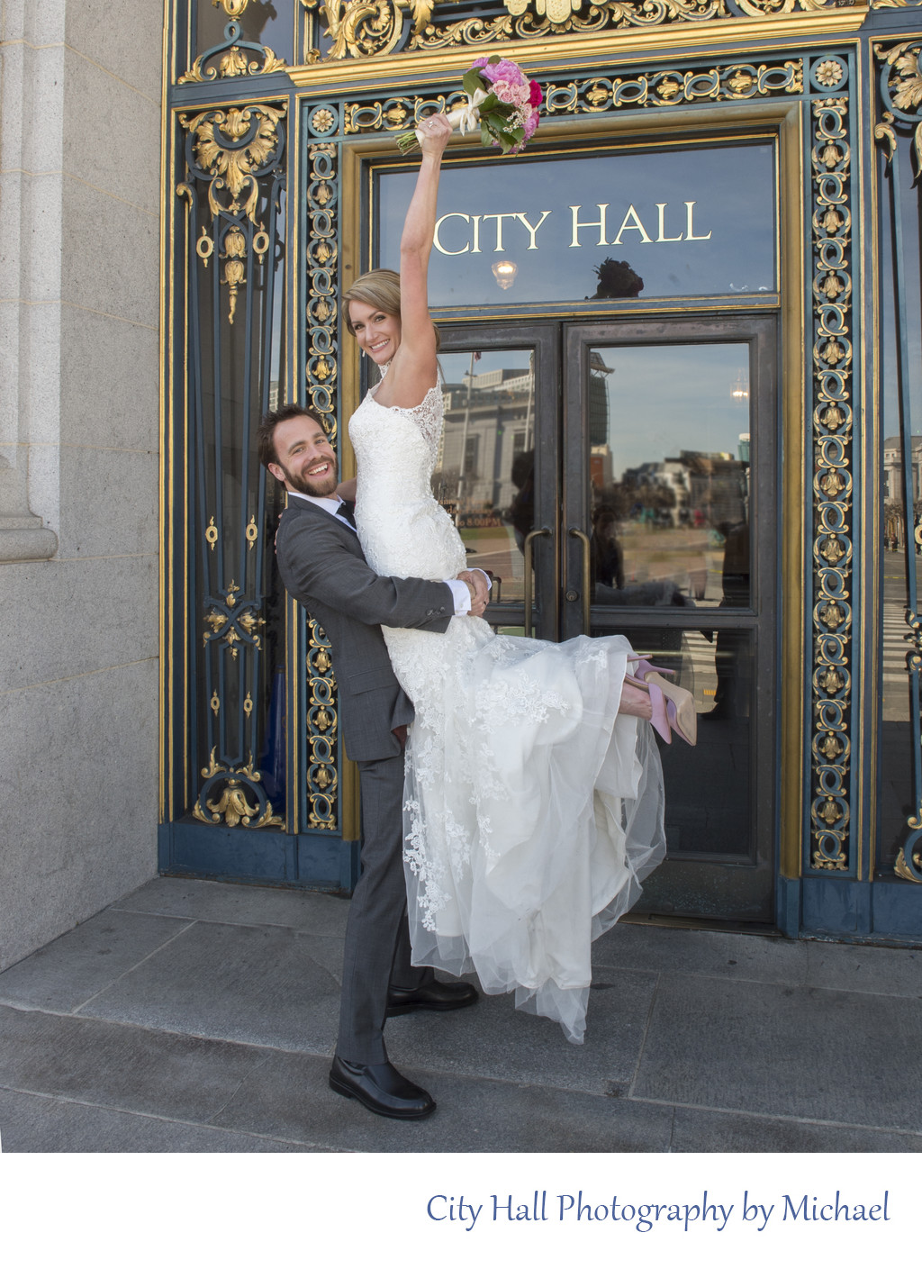 SF City Hall Sign Cheering Wedding Photography Image