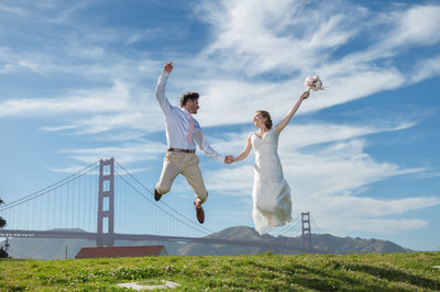Golden Gate Bridge jump at Crissy Field in SF - wedding photography