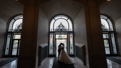 San Francisco City Hall Entrance Kiss - Bride and Groom Departing