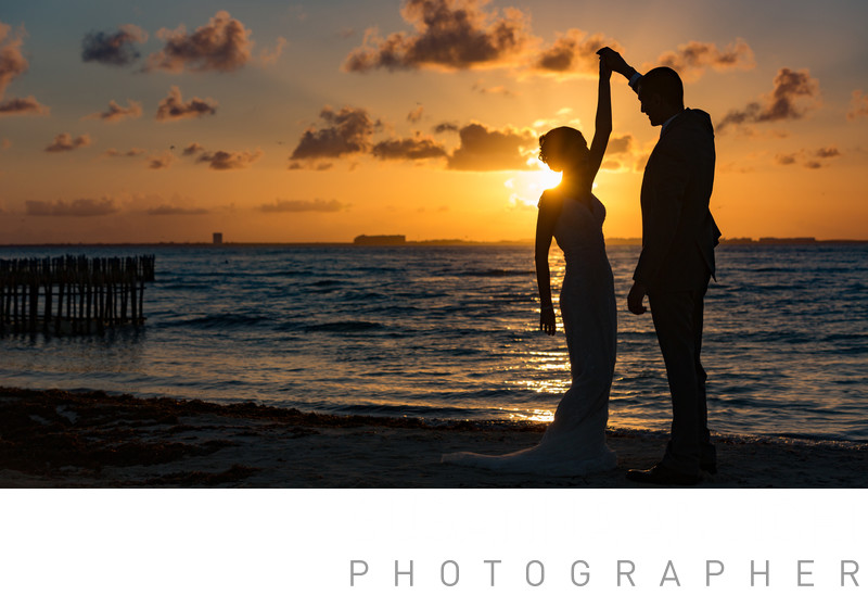 Bride and groom portrait sunset