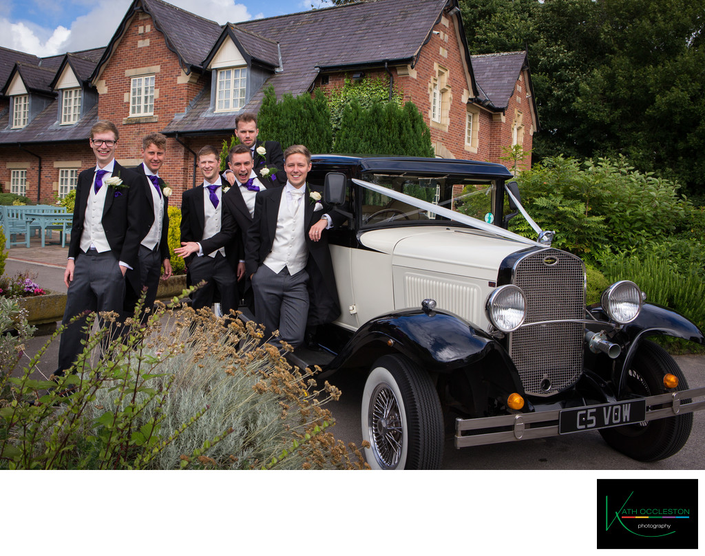 Groomsmen & the wedding car at The Villa, Wrea Green