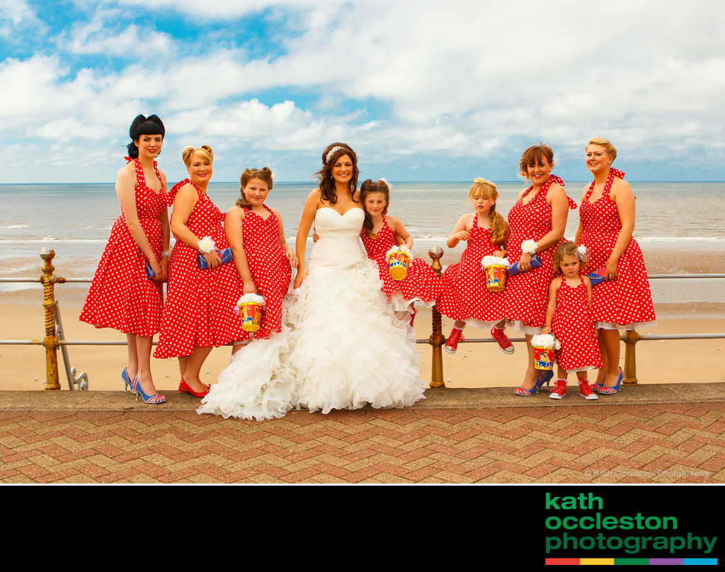 Red Fifties-style polka dot bridesmaid's dresses