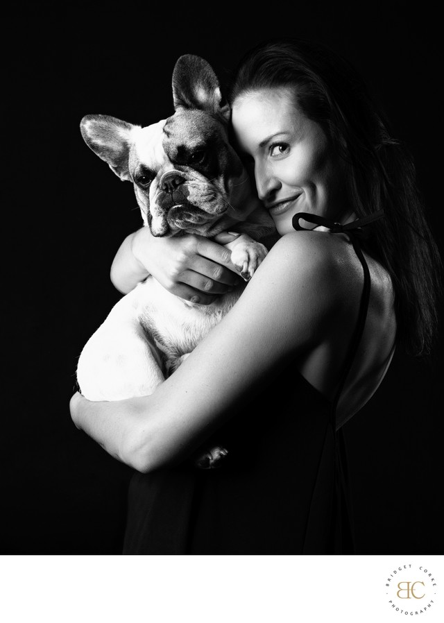 Black-and-White Portrait of Woman and French Bulldog Black-and-White Portrait of Woman and French Bulldog