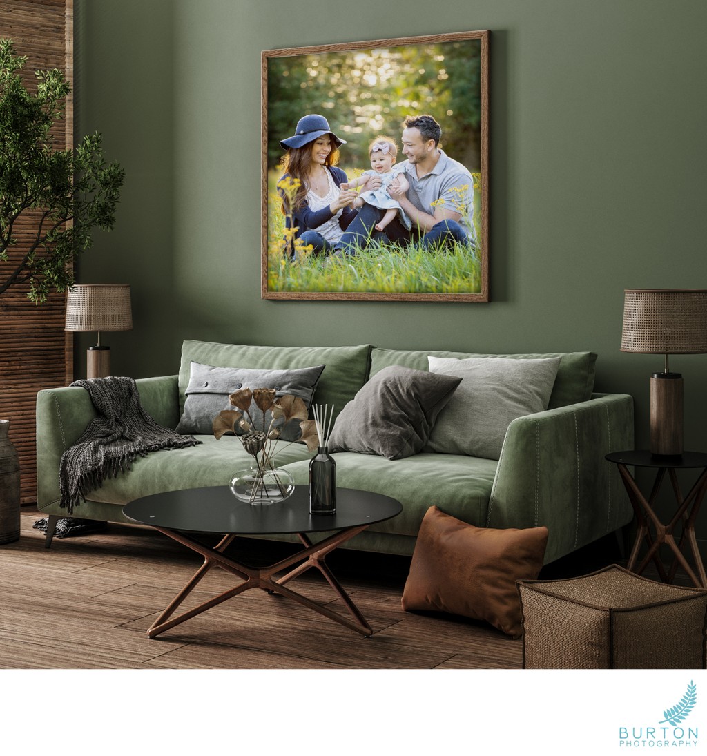 Mock-up square frame in dark green furnished home interior background, 3d render