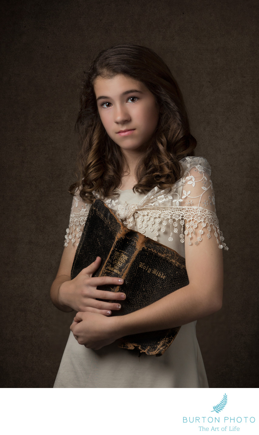 Studio Portrait Boone Girl with Heirloom Bible