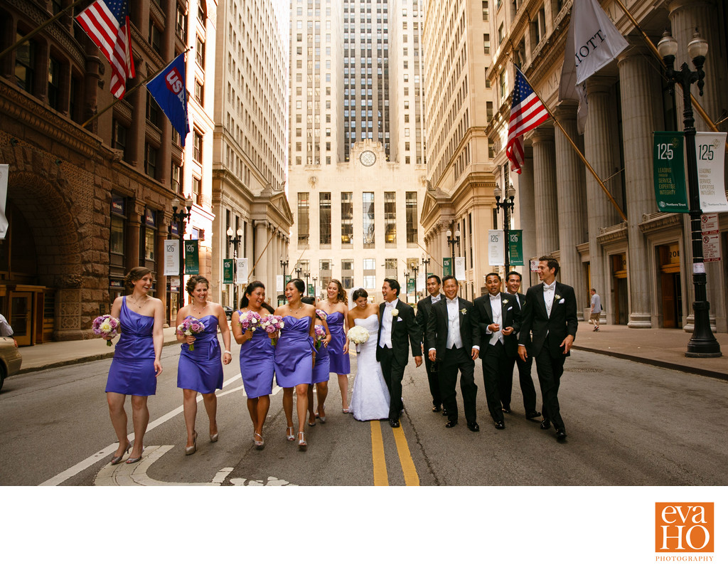 Bridal Party Hanging in Front of Chicago Board of Trade