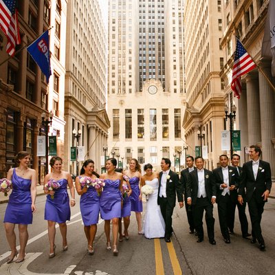 Bridal Party Hanging in Front of Chicago Board of Trade