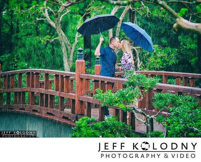 Morikami engagement photography in the rain.