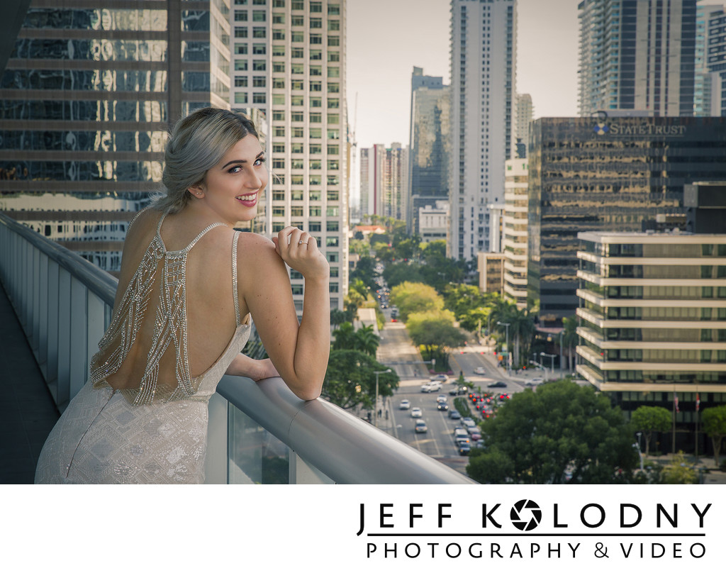 Bride posed on a balcony at the W Hotel in Miami.