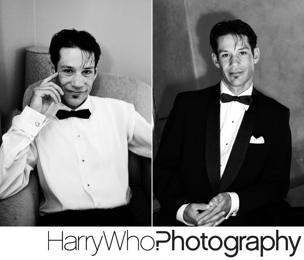 2 images of a groom at his Hotel De Anza's Wedding