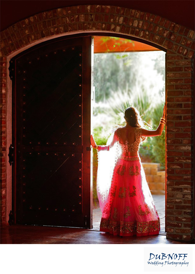 Indian Bride Posing in a Wine Cellar Door in Livermore