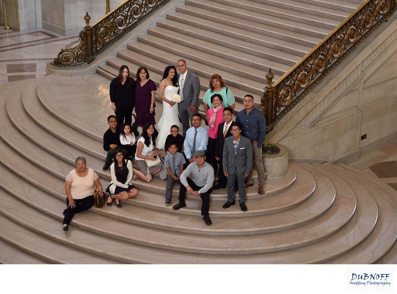 Big family group wedding image at San Francisco city hall on the Grand Staircase