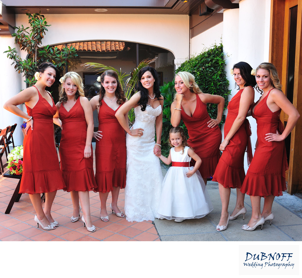 Bridesmaids in Red Posing at Fort Mason in San Francisco