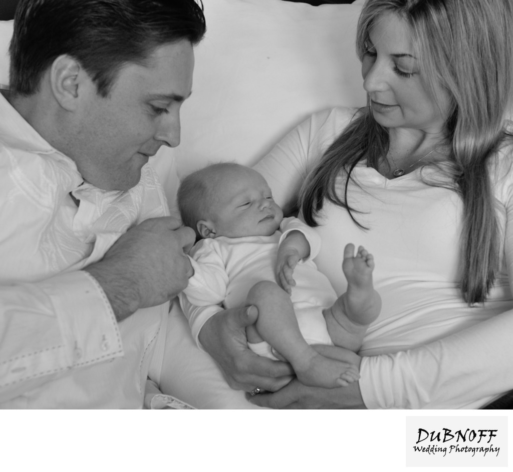 Mom and Dad with Son in Black and White.  Interactive Family Portrait.