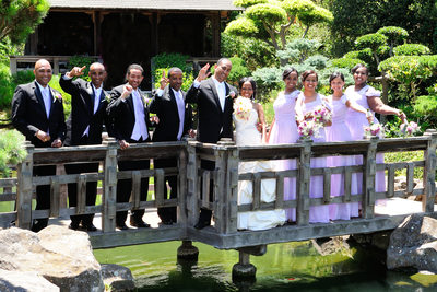 Wedding Party on the Bridge over Pond in Fremont, CA