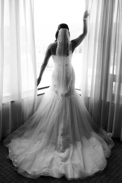 back of stunning wedding dress in San Francisco in Black and White