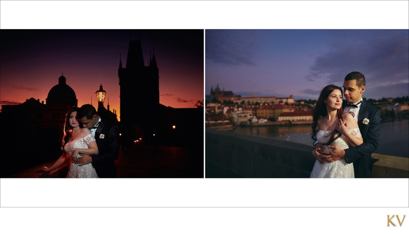 Turkish bride & groom watching sunrise Charles Bridge