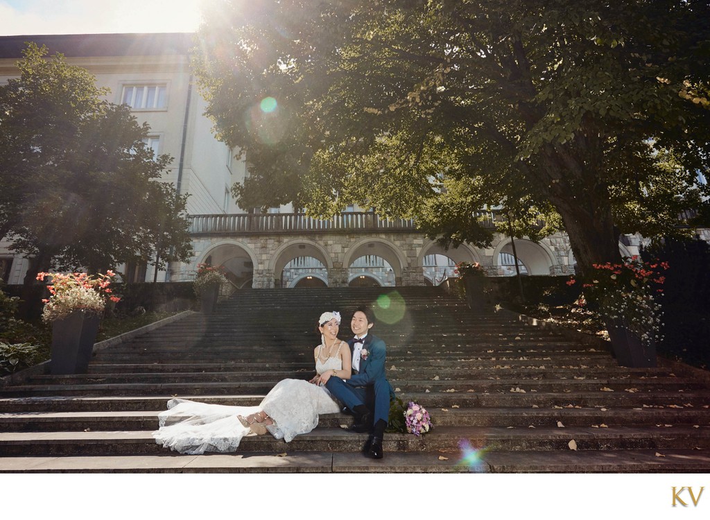 Portrait of Bride & Groom in the sunshine at Vila Bled