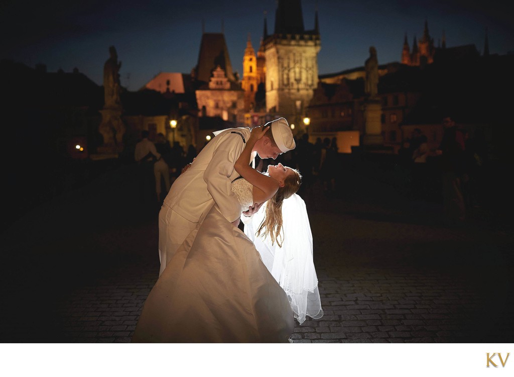a kiss for his bride under the stars in Prague