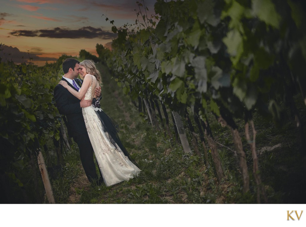 NYC bride & groom embrace in ancestral vineyards