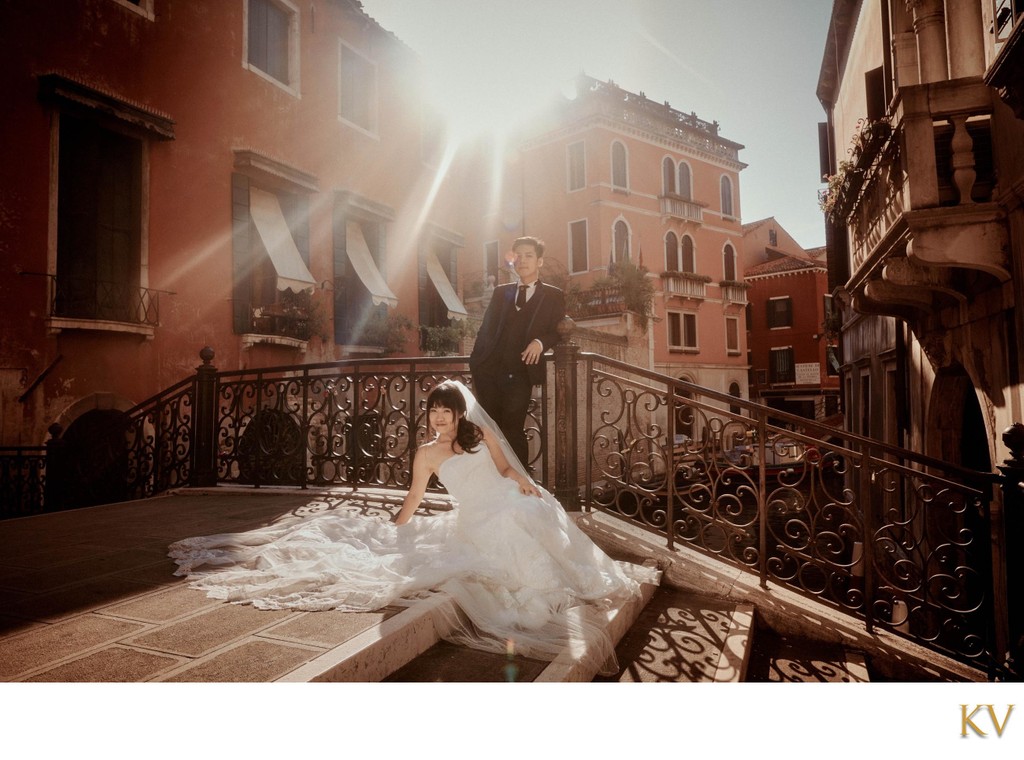 Sun flared bride & groom portraits Venice Italy