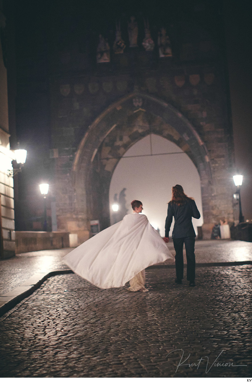 Berta wedding dress & cape Charles Bridge Prague 