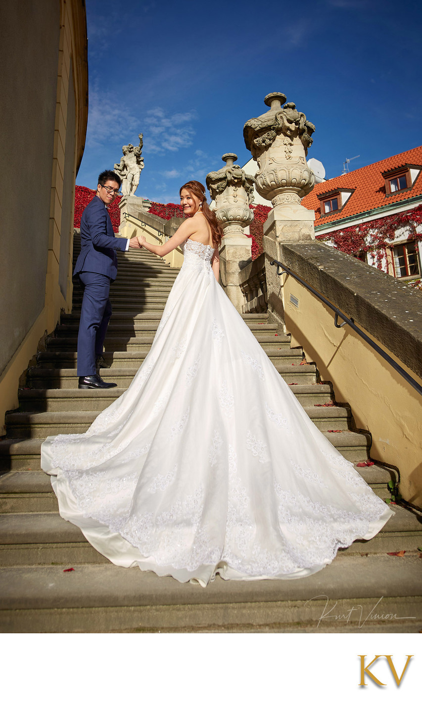 Bride2b and her groom pictured Vrtba Garden in Prague
