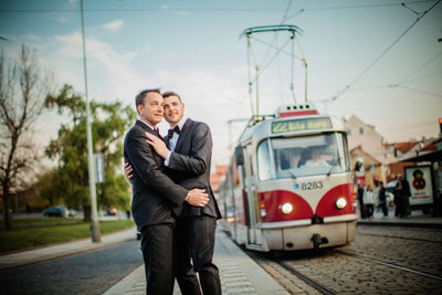 Cuddling as the tram goes by I Prague engagements